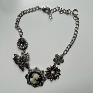 Antique style choker necklace, black, silver, 20" long